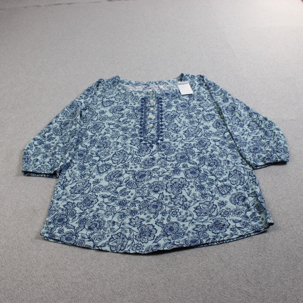 Pure J Jill Shirt Women XS Petite Blue Floral 3/4 Sleeve Henley Peasant Boho